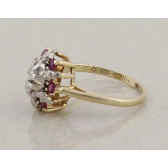 14k Yellow Gold & White Gold Natural Diamond and Ruby Ring Size 5 - Picture 8 of 9